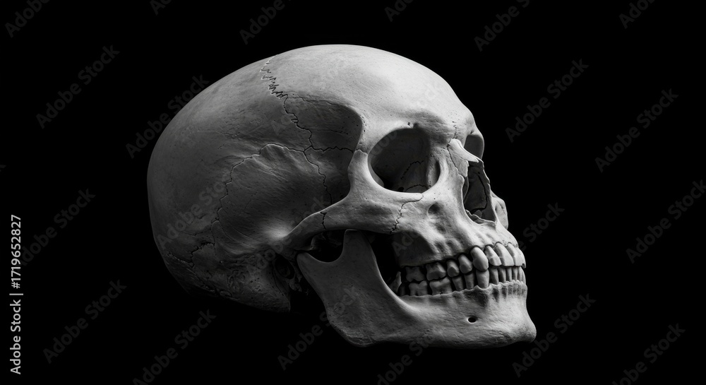 Obraz premium Dramatic monochrome rendering of a human skull against a dark background providing a stark contrast