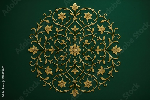 Ornate Golden Mandala on Deep Green