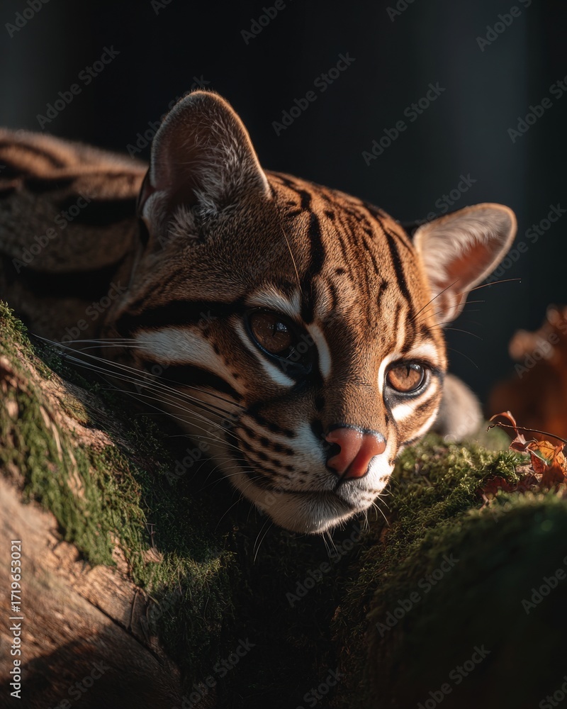 Fototapeta premium Ocelot Resting on Mossy Tree Branch with Intense Gaze