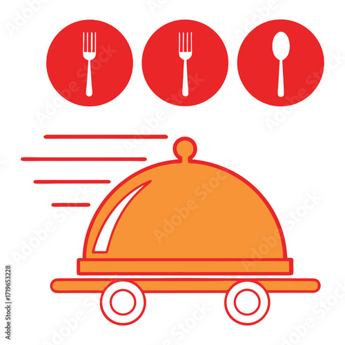 Restaurant food delivery service icon with utensils and speedy serving dish on wheels 