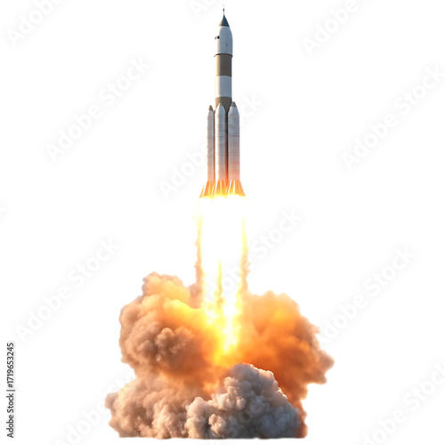Rocket launching with fiery exhaust and smoke isolated on a transparent background