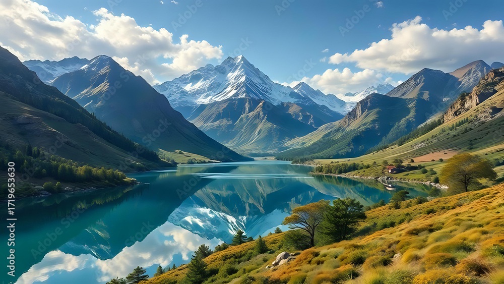 Fototapeta premium Majestic mountain landscape with a pristine lake.