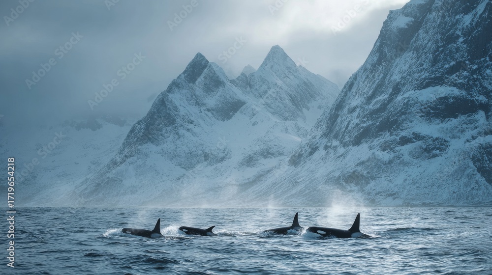 Naklejka premium Orca Family Swimming Together in Cold Northern Ocean