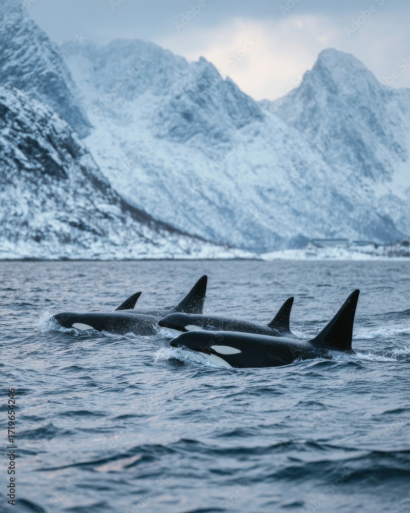 Naklejka premium Orca Family Swimming Together in Cold Northern Ocean