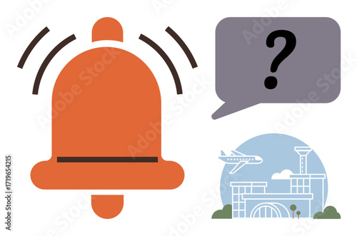 Ringing orange bell, speech bubble with question mark, airport terminal with airplane. Ideal for travel updates, delay notifications, inquiries, customer service, planning alerts transportation. A