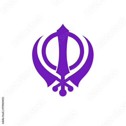 A flat vector illustration of a Sikh Khanda symbol in purple color, clean design, white background, slight 3D shadow, modern icon style