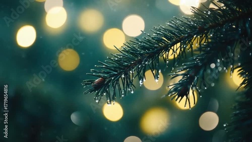 Christmas tree branch decorated with glowing golden baubles and lights symbolizing holiday celebration and winter season.