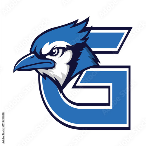 Blue jay bird mascot head superimposed on a large blue letter g