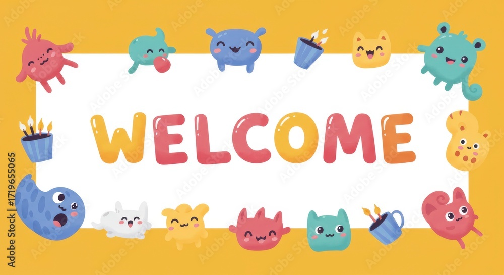 Obraz premium Playful Welcome Card Design with Cute Monsters and Cheerful Typography Invitation