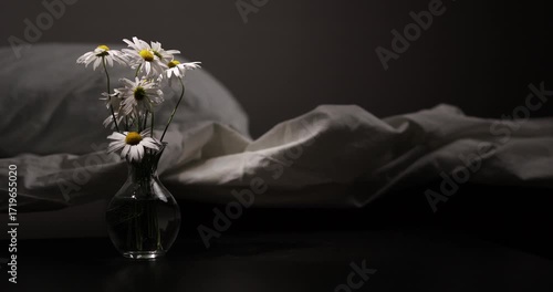 Soft morning light breaks through as a vase of daisies sits on a bedside table. The gentle atmosphere creates a peaceful start to the day in the cozy bedroom.