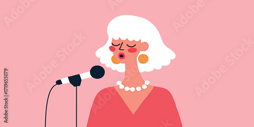 A soulful singer with white hair, adorned in pearl necklace and fashionable earring, passionately performs into a microphone, expressing profound emotion, creating an atmosphere of musical dedication.