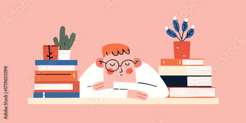 A student's dream, he slumbers peacefully upon stacks of books, surrounded by potted plants. A moment of quiet contemplation, inviting viewers to connect with the peaceful scene.