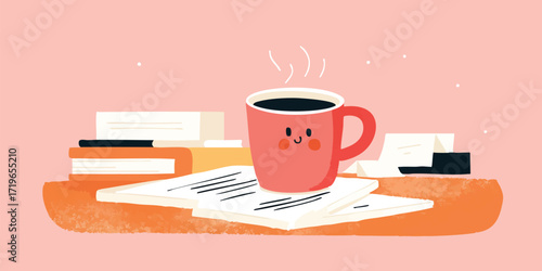 A steaming mug of coffee sits contentedly atop a desk littered with papers and notebooks. The inviting warmth from the beverage, combined with the organized chaos of the workspace.