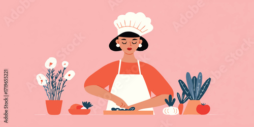 A chef diligently prepares a culinary masterpiece, surrounded by fresh ingredients and plants, as the essence of the kitchen comes alive.