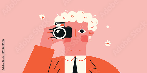 A whimsical cartoon illustration of a person capturing moments, holding a camera, ready to frame memories. Capturing the art of visual storytelling with flair.