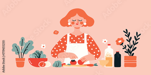 A charming illustration depicts a woman in an apron, focused on chopping fresh vegetables on a cutting board in her kitchen, suggesting a healthy and happy lifestyle.