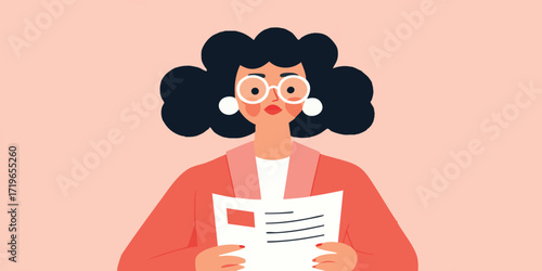 An intelligent woman with curly hair, wearing spectacles and an elegant blazer, intently reads a document, her focus highlighting the significance of information.
