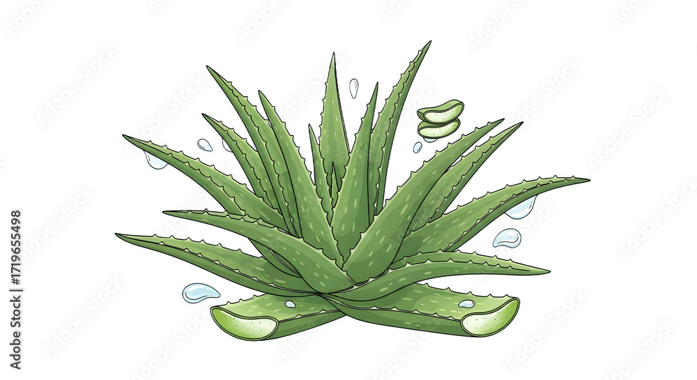 Fototapeta premium Vibrant vector illustration of an aloe vera plant with refreshing water droplets, perfect for natural cosmetic, herbal product, and wellness brand logo designs
