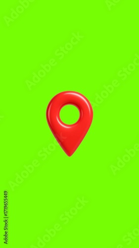 3D red location pin icon appears on green screen background. Vertical animation for maps, navigation, travel apps, GPS services, directions, geolocation concepts, digital design and mobile interfaces