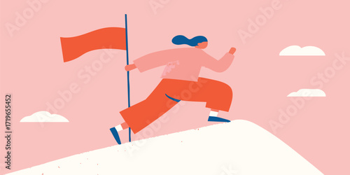 An determined individual, clad in bright attire, is seen energetically ascending a mountain towards a vibrant flag. Symbolizing ambition, perseverance.