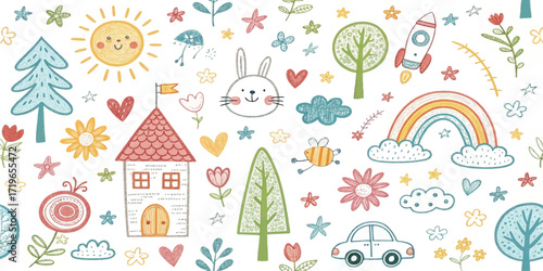 Adorable seamless kids pattern with pastel doodle style rainbow, clouds, flowers, trees, animals, and houses. Ideal for children’s , fabric, greeting cards, wrapping, and cute digital backgrounds