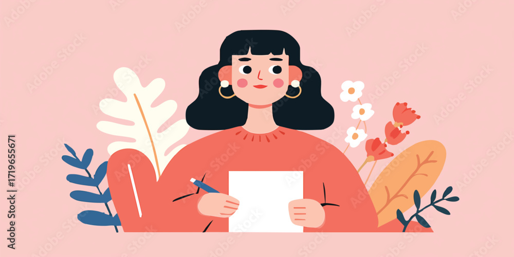 Naklejka premium An illustrated woman in a casual setting, penning her thoughts on a blank paper sheet, she's surrounded by leaves and flowers, her expression is gentle and relaxed, a peaceful scene of creativity.