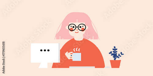 A stylish individual in glasses sips from a steaming mug, engrossed in work, with a minimalist aesthetic background. 
