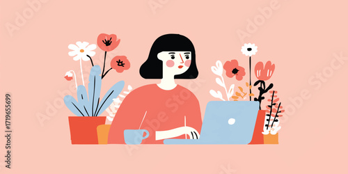A stylish young woman works diligently on a laptop amidst a serene and creatively inspiring floral setting, capturing a moment of focused productivity and harmonious integration with nature.