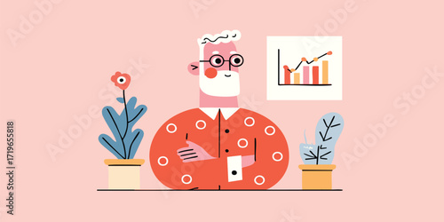 A wise businessman ponders the growth of the financial market in a clean, modern design. Surrounded by plants, and with charts, he embodies thoughtful business strategy and reflection.