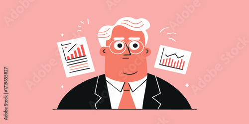An animated illustration of a knowledgeable analyst or expert presenting charts and graphs, conveying professionalism and expertise with a unique, modern art style.
