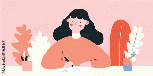A charming illustration of a woman engrossed in creative writing, surrounded by cheerful plants, reflecting a sense of calm and artistic inspiration.
