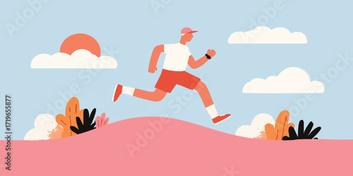 A dynamic illustration captures the essence of motion and fitness with a determined individual sprinting outdoors in a vibrant graphic design.