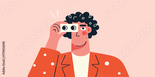 A focused individual gazes intently through binoculars, his expression conveying curiosity. Set against a pale backdrop, this illustration embodies exploration and discovery.