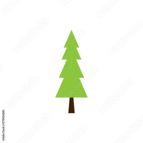 Simple graphic illustration of a green evergreen tree with a brown trunk, isolated on a white background.