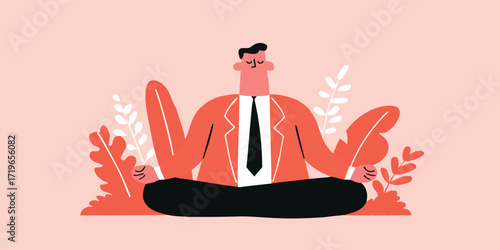 An illustration of a meditating businessperson surrounded by vibrant plants, representing inner peace and balance, symbolizing the modern approach to well-being.