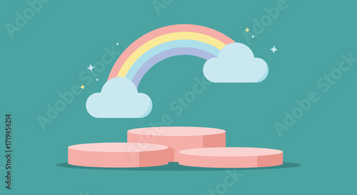 Whimsical pastel rainbow and clouds above pink podium for creative design and fantasy themes isolated on white background