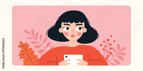 A digitally crafted illustration features a woman absorbed in her tablet, surrounded by stylized plants, creating a sense of modern elegance.