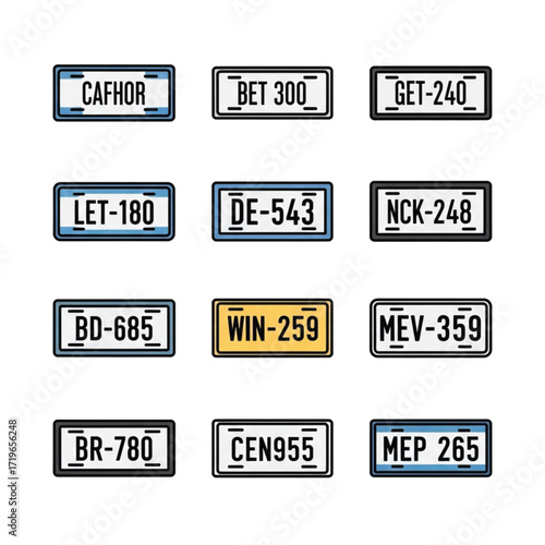 Collection of Twelve Cartoon License Plates with Unique Alphanumeric Codes.