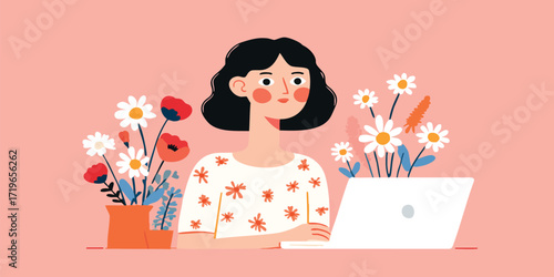 A cheerful woman surrounded by flowers and working on her laptop, a scene of delightful creativity.