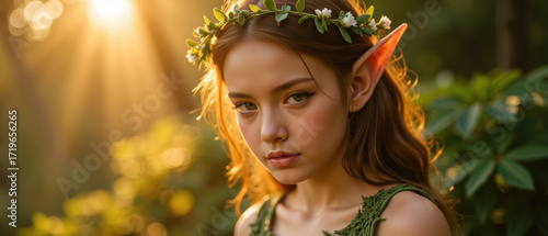 Serene elf with pointed ears and floral crown gazes thoughtfully in sunlit forest. warm light enhances enchanting atmosphere