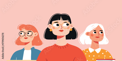A group of three women, showcasing diverse styles and expressions, stand together in a simple and elegant artistic illustration. Representing individuality and unity. 