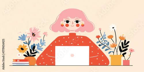 A vibrant illustration depicts a girl cheerfully working on her laptop amid colorful potted flowers, creating an inspiring and refreshing workspace setting.