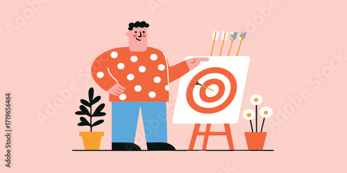 A person's determination to achieve the target goals, illustrating a person with their goals. This illustration uses modern, colorful graphics to convey the power of focus and achievement.