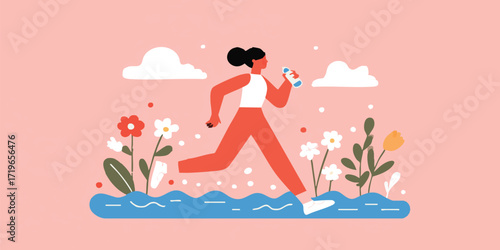 An energetic woman runs through a serene landscape with refreshing beverage, embodies the spirit of healthy active lifestyle, illustration. 