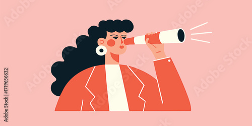 A stylish woman peers confidently through a telescope, symbolizing vision, foresight, and a focus on the future. The artwork is a perfect emblem for concepts of ambition, exploration, and discovery.