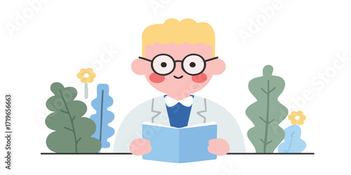 A curious scientist immersed in knowledge, reading an open book amidst a verdant garden setting. Inspired by learning, the illustration encapsulates the joy of discovery and intellectual pursuit.