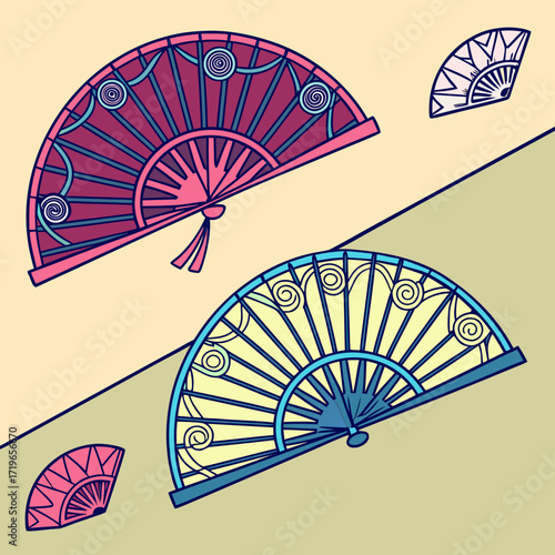 Vector illustration of cultural hand fans redesigned with holographic patterns