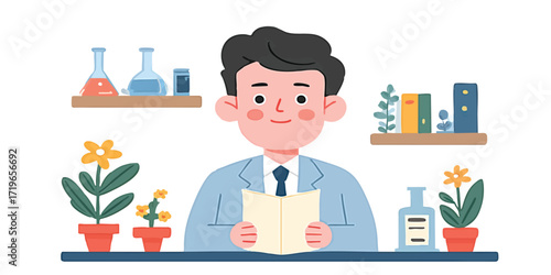 A cheerful scientist studies an open book, flanked by plants and scientific glassware in a brightly-lit laboratory setting.