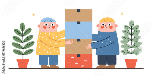 Two figures collaborate, lifting boxes, symbolizing unity and cooperation, near potted plants in an engaging illustration.