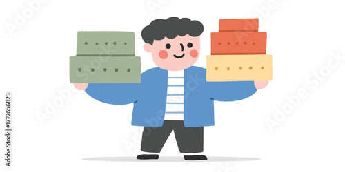 A friendly person, arms laden with colorful boxes, in a cheerful scene. Perfect for illustrating concepts of delivery or moving.